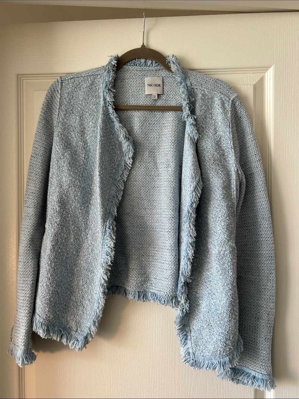 NIC+ZOE Pale Blue Fringe Open-Front Cardigan